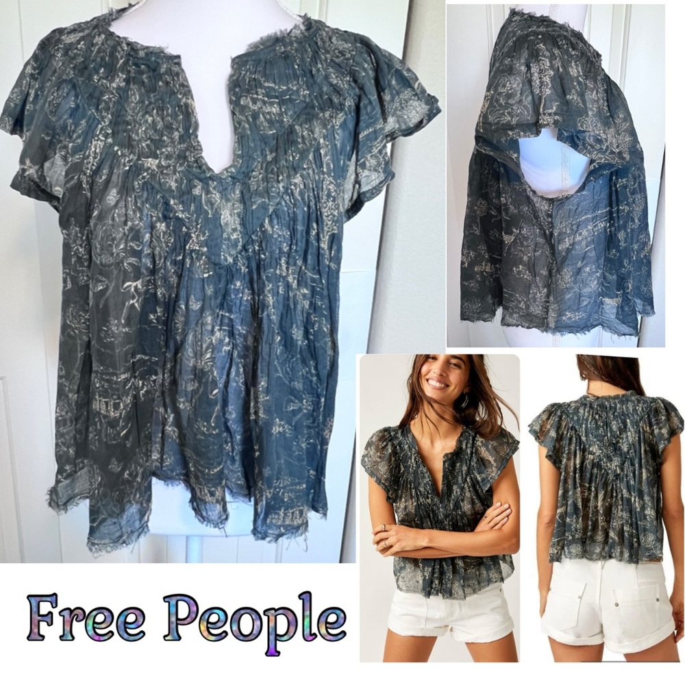 Free People FP One Cotton Toile Print Padma Crop Top Evergreen Sz Medium